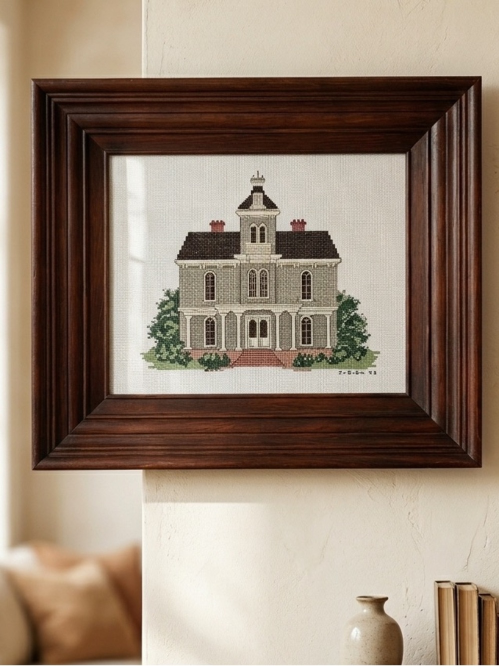 Vintage Framed Cross Stitch Historic Manor House Wall Art Handmade 2004